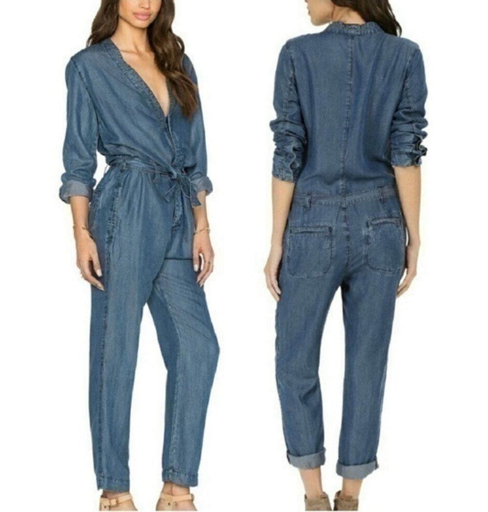 🔥Free People Lou Denim Jumpsuit Coveralls V-neck Long Sleeves Button Front 10